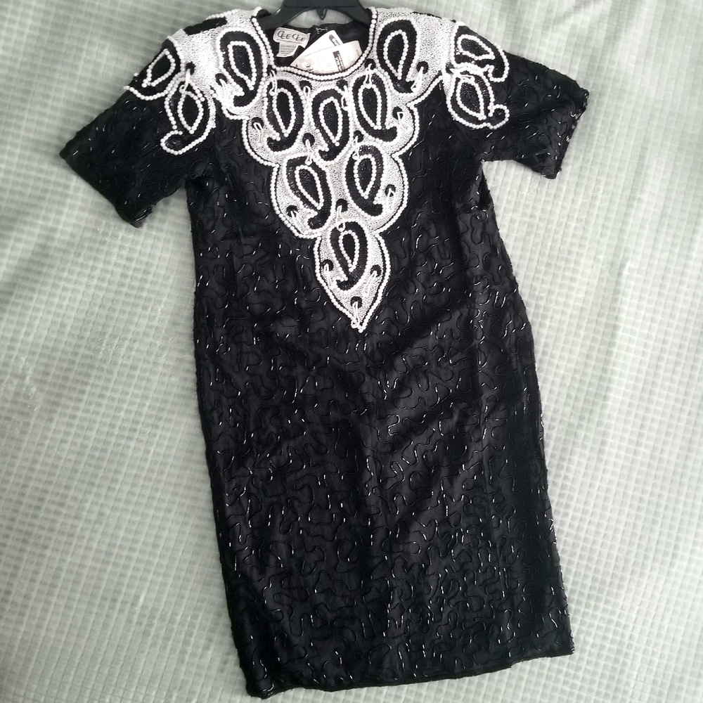 Cee Cee 100% Silk Embroidered Black Dress Size M